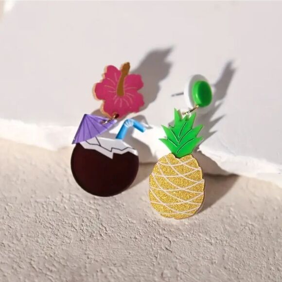 14k PINEAPPLE PINA COLADA coconut hibiscus cute fun dangle earrings - Picture 4 of 6